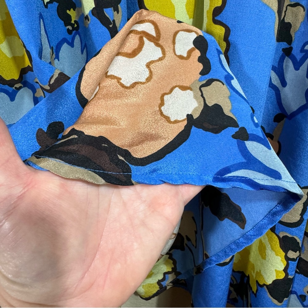 Women's Vivienne Tam Blue Yellow Tan Floral Knee Length Skirt Sz 12 Unlined Y2K - Picture 8 of 9